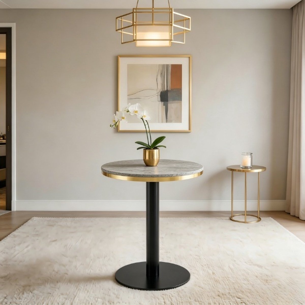 FloraGrace Bijzettafel - Ronde Tafel Met Marmerlook En Gouden Rand - Modern Voor Woonkamer Slaapkamer En Balkon - MDF En Metaal - 60x73,7 Cm - Grijs