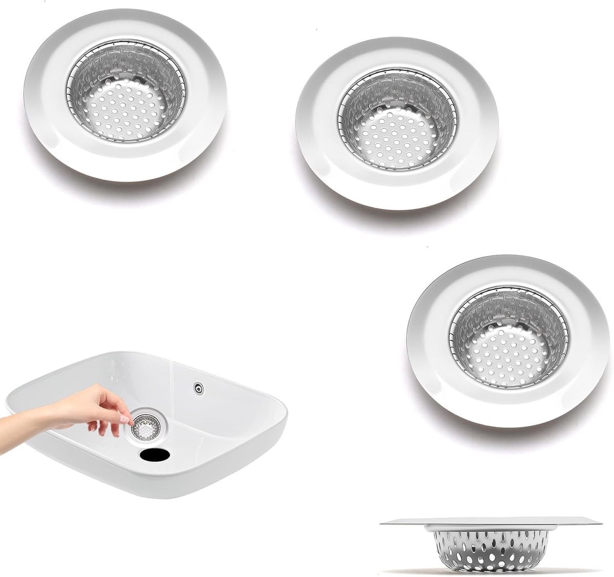 Set van 4 roestvrijstalen afvoerzeven voor douche en wastafel, 7,5 cm diameter, effectief tegen haar en vuil