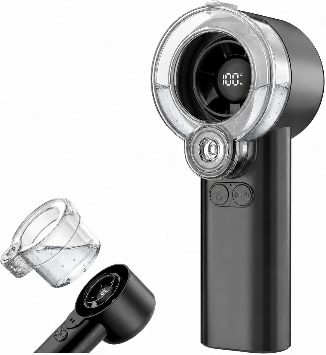 2-in-1 handventilator met sproeifunctie - Draagbaar - Oplaadbaar - Waterstraalventilator - 5 windsnelheden - Met LED-display - Persoonlijk - Mini - Koelventilator - Met afneembaar waterreservoir - Zomer - Heren/Dames - Zwart-1 stuk