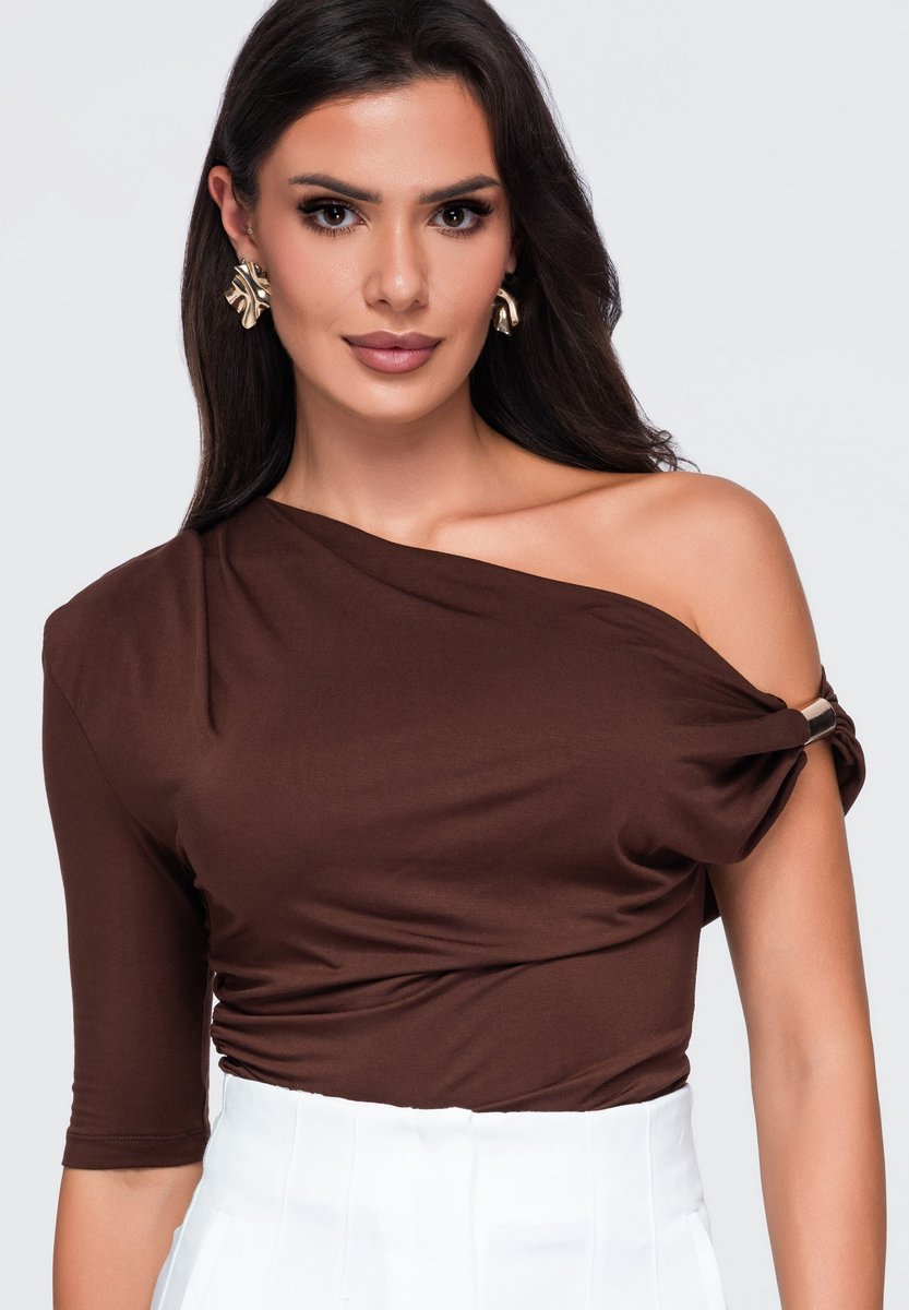 OMBRE Blouse - Slim Fit - Driekwart Mouw - Knopen Bruin S/M