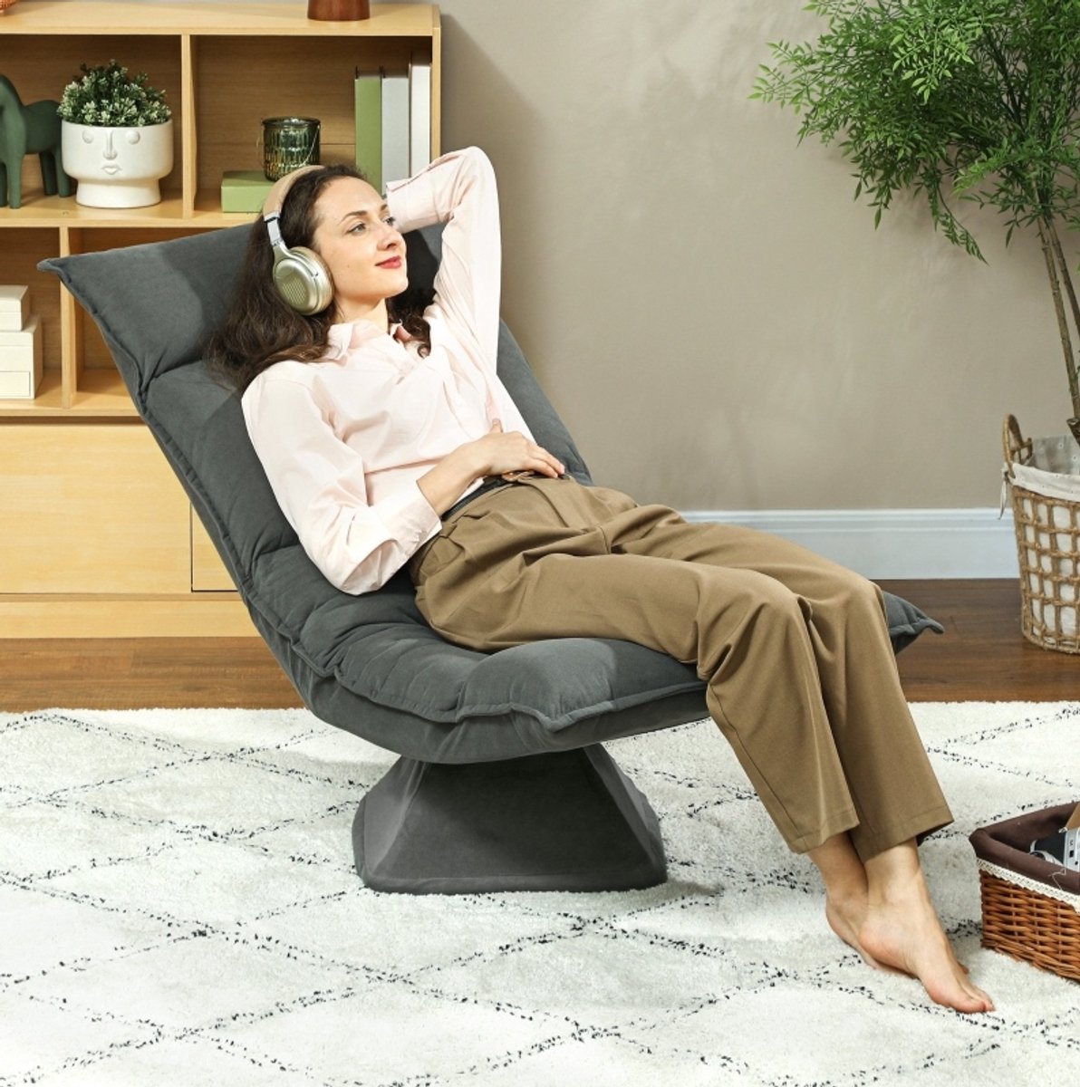 FloraGrace Fauteuil 70 x 62 x 95 Cm - 360° Draaibaar, 5-Voudig Verstelbare Rugleuning En Inklapbaar - Voor Lezen En Gamen - Stof - Donkergrijs