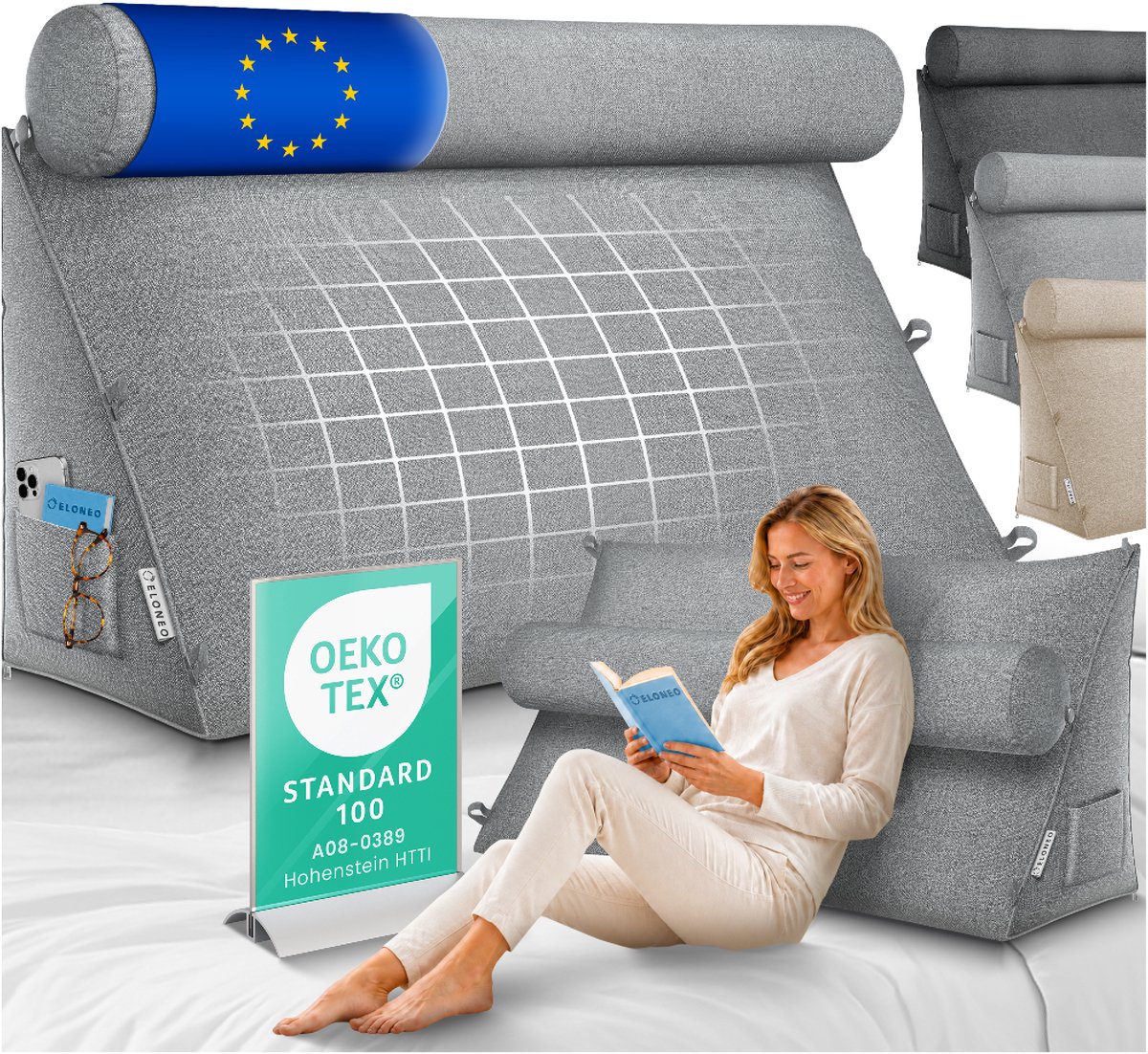ELONEO Wigkussen - Nek- en Rugsteunkussen voor Rechtop Zitten in Bed, Lezen of op de Bank, met Zijvak en Afneembare Nekrol, Wasbare Hoes