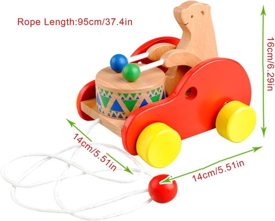 Trekspeelgoed voor kinderen, trommelwagen met beer van hout, educatief om te lopen, voor kleuterschool, indoorspel, verjaardag, feest, salon, tuin — afbeelding 5
