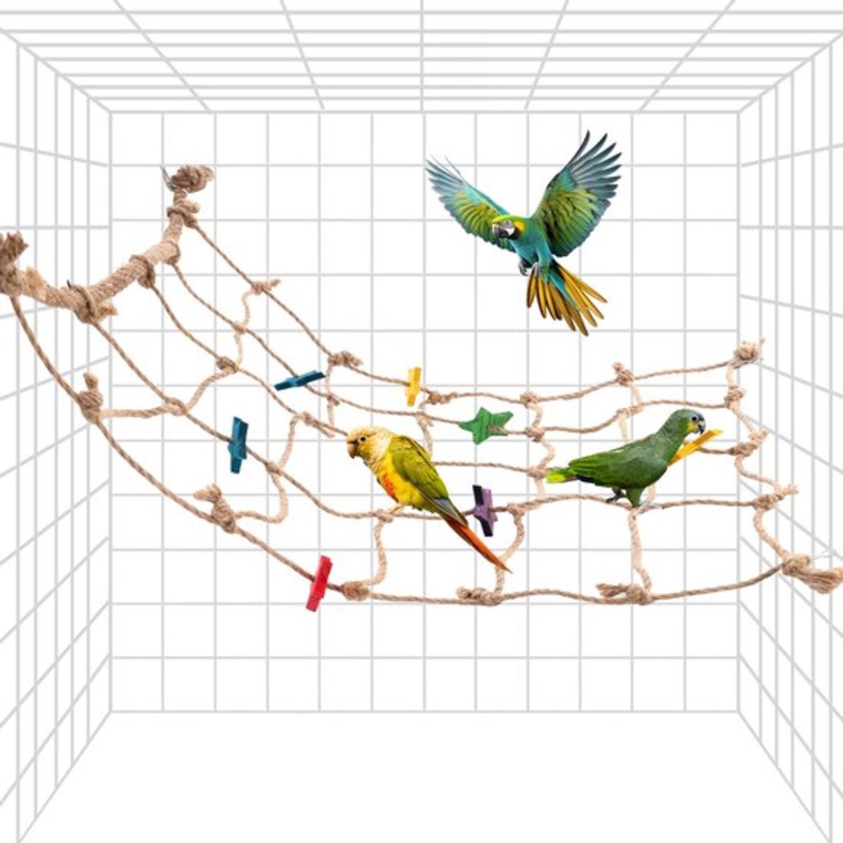 Parrots Klimtouwnet 55x53cm - Kleurige Sterren Ontwerp - Seagrass Mat met 4 Haakjes