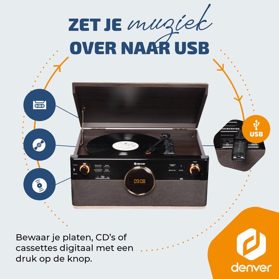Denver Retro Platenspeler - DAB+/FM Radio - CD - Cassette - Bluetooth - Auto stop - MRD180 - Darkwood — afbeelding 5