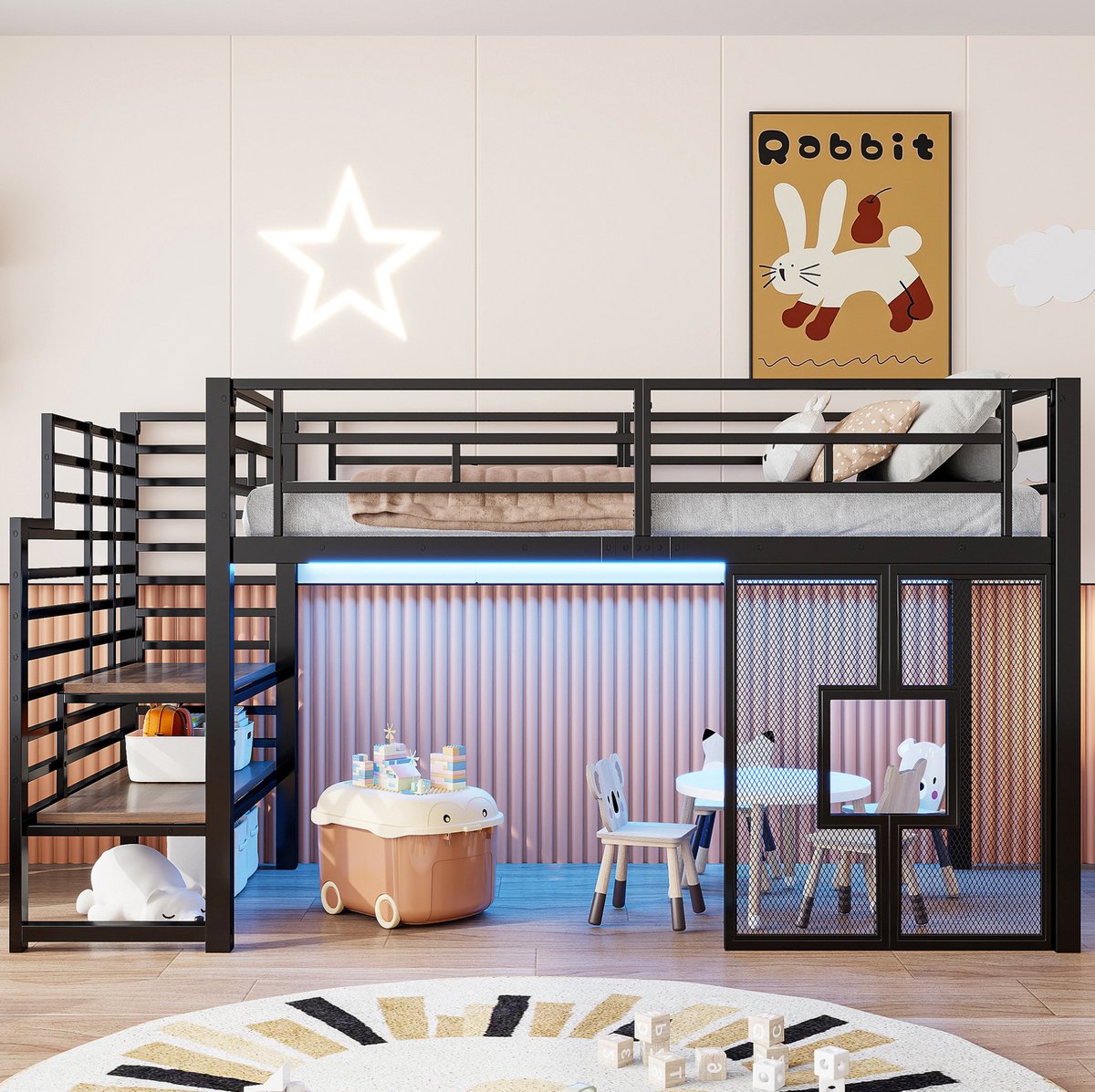 OKWISH Hoogslaper 90x200 cm - Met Trap, Opbergruimte en Led-Verlichting - Met Vensters en Veiligheidshek - Metaal en MDF - Zonder Matras - Zwart