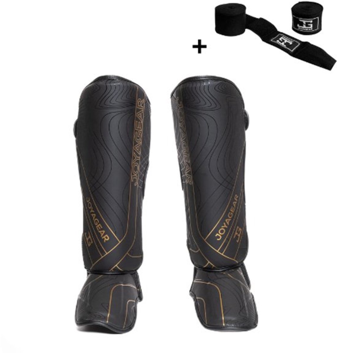 Joya ESSENTIAL Scheenbeschermers – Maat M – Zwart/Goud – Kickboksen/Muay Thai/MMA – Ergonomische pasvorm, schokabsorberende padding – Inclusief Bandage