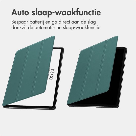 Étui pour tablette vert foncé design trifold, avec texte "Fonction veille automatique".