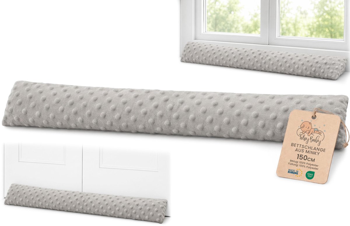 Tochtstopper deur isolerend 150 cm - Onderdeur en raam tochtwering decoratief Ideaal voor voordeur ramen en kussen voor kinderkamer Minky Oeko-Tex Lichtgrijs