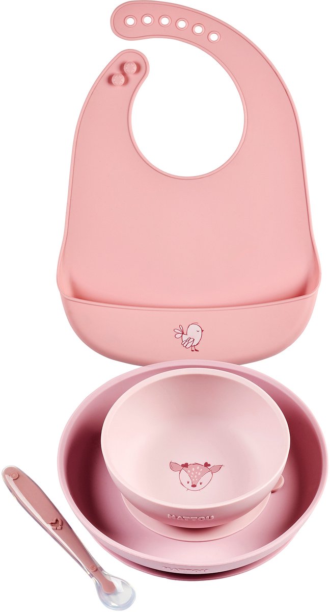 Nattou Mealtime Serviesset Voor Kinderen Silicone 4 Stuks - Bord + Kom + Beker + Lepel - Antislip - BPA-vrij - Roze
