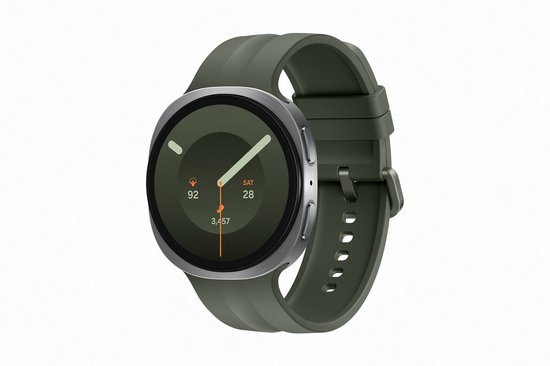 Samsung Galaxy Watch9 met donkergroen bandje en groen wijzerplaat.