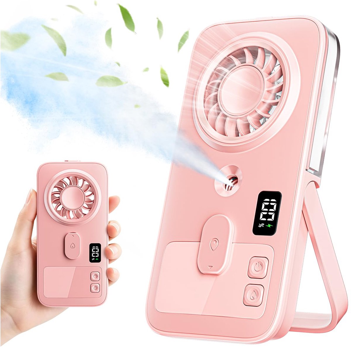 Ryoudavell - Handventilator met Watervernevelaar - Handige Mobiele Ventilator Mini voor Koeling - USB Oplaadbare Draagbare Ventilator voor Volwassenen en Kinderen - Stille Zakventilator Compact voor Onderweg en Thuis - Roze