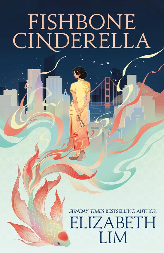 Boekomslag 'Fishbone Cinderella' met een vrouw in een gele jurk die op een vis zweeft voor een stadsgezicht met de Golden Gate Bridge.