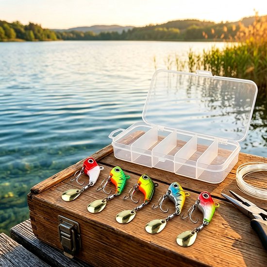 Set kunstaas voor baars - inclusief 5 spinners en een opbergdoos - geschikt voor snoekbaars en forel - rubberen visjes - geschikt voor zoet- en zoutwatervissen — afbeelding 4