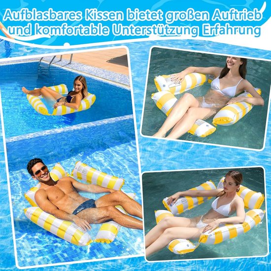 Opblaasbare Zwembad Vlotter - Waterhangmat Luchtbed - Ontspannen in Water - 4-in-1 Multifunctioneel - 2 Stuks - Geel — afbeelding 3