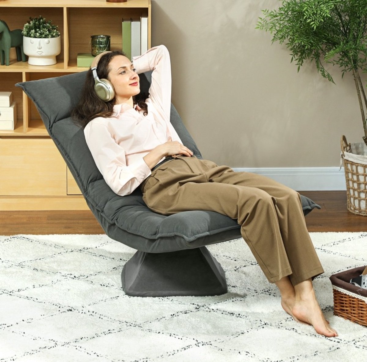 MIVRAY Fauteuil 70 x 62 x 95 cm - 360 Graden Draaibaar Met 5-Voudig Verstelbare Rugleuning - Voor Woonkamer En Leeshoek - Polyester Donkergrijs