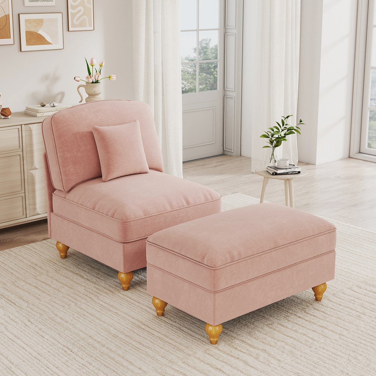 MIVRAY Fauteuil 78 x 83,5 x 93 cm - Comfortabele Loungefauteuil Met Hocker En Kussen - Voor Woonkamer En Kleine Ruimtes - Chenille Roze