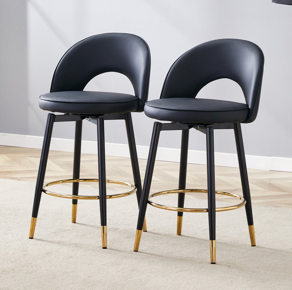 OKWISH Barkruk – 360 Graden Draaibaar – Set Van 2 – Met Rugleuning En Gewatteerde PU Zitting – Voor Bar Keuken Of Eethoek – Metaal – Zwart