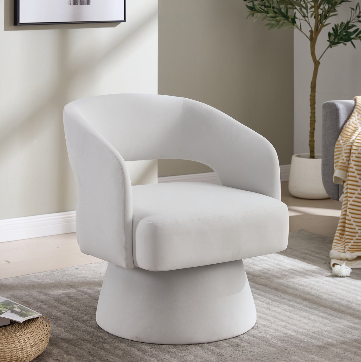 FloraGrace Fauteuil 1-Zits - 360 Graden Draaibaar Met Open Rugleuning En Zachte Schuimvulling - Voor Woonkamer En Slaapkamer - Chenille - Beige