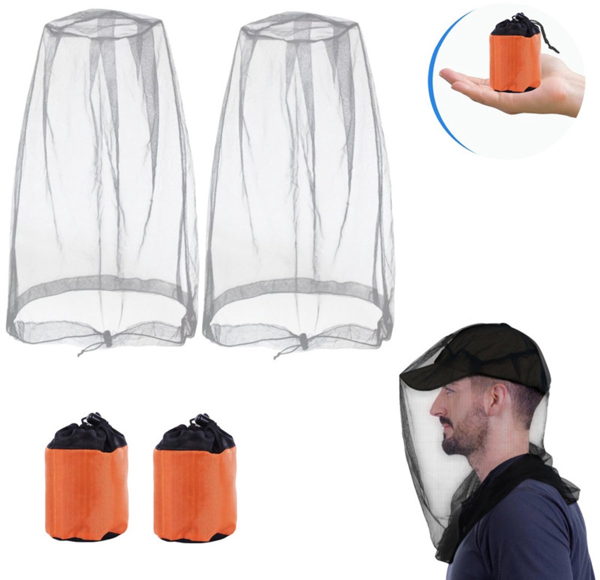 Anti-muggenhoofdnet (set van 2) – Muggenwerend hoofdnet voor de zomer / Insectenwerende gezichtssluier – Gaasnet voor kamperen, wandelen, vissen en tuinieren – Extra groot en extra lang – Ultrafijn gaas – 53 x 66 cm