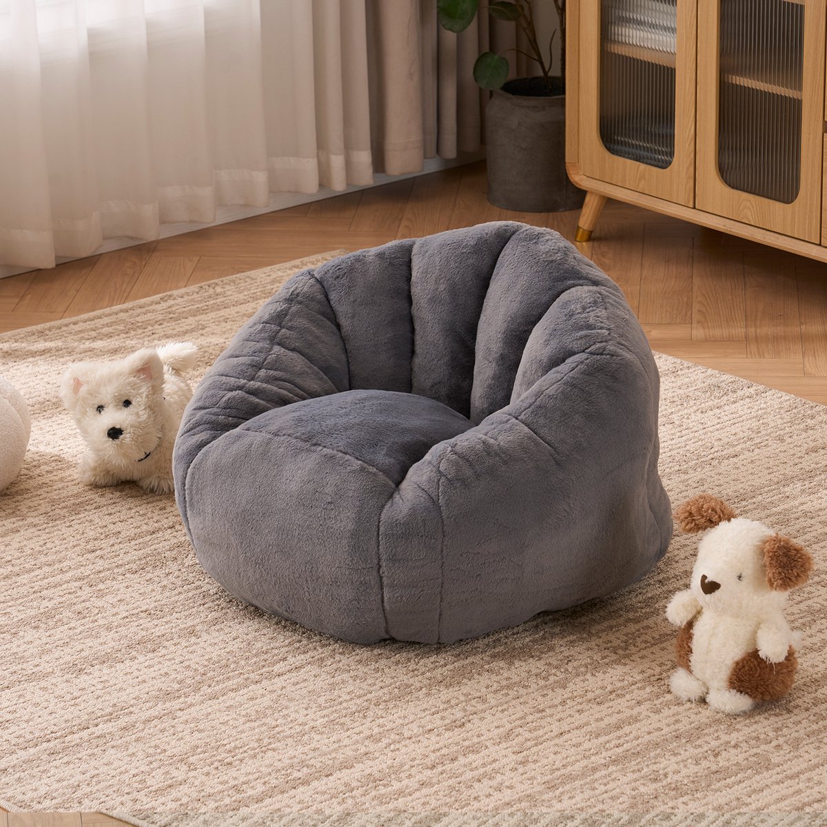 Wishdor - Kinderzitzak - zachte pluche zitting - met rugleuning en ergonomische vorm - voor leeshoek en kinderkamer - polyester - lichtgrijs - 75x70x52 cm