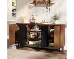 STILVORA Buffetkast - 4 Deuren Met Verstelbare Planken - Voor Keuken En Eetkamer - Spaanplaat - 160x35x80 Cm - Walnoot En Zwart