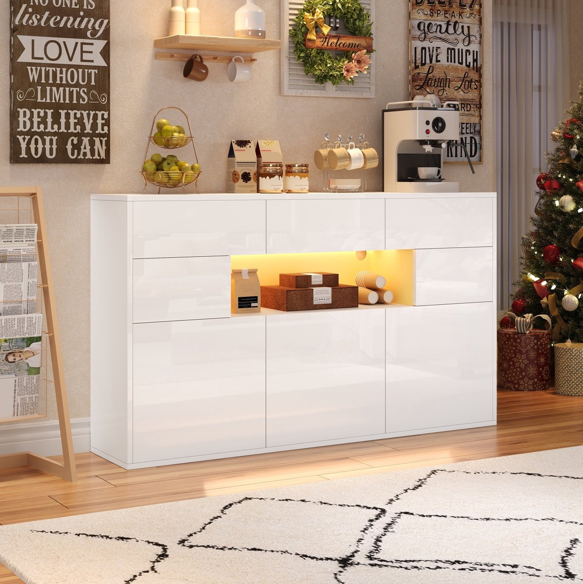 STILVORA Dressoir - Hoogglans Opbergkast Met Ledverlichting En 3 Lades - Voor Woonkamer - MDF - 140 x 30 x 82 cm - Wit