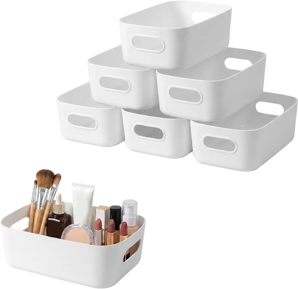 Stapelbare opbergdozen met handgrepen, 6 stuks, multifunctionele kunststof manden voor badkamer, keuken en kantoor, ideale organizer voor speelgoed en cosmetica