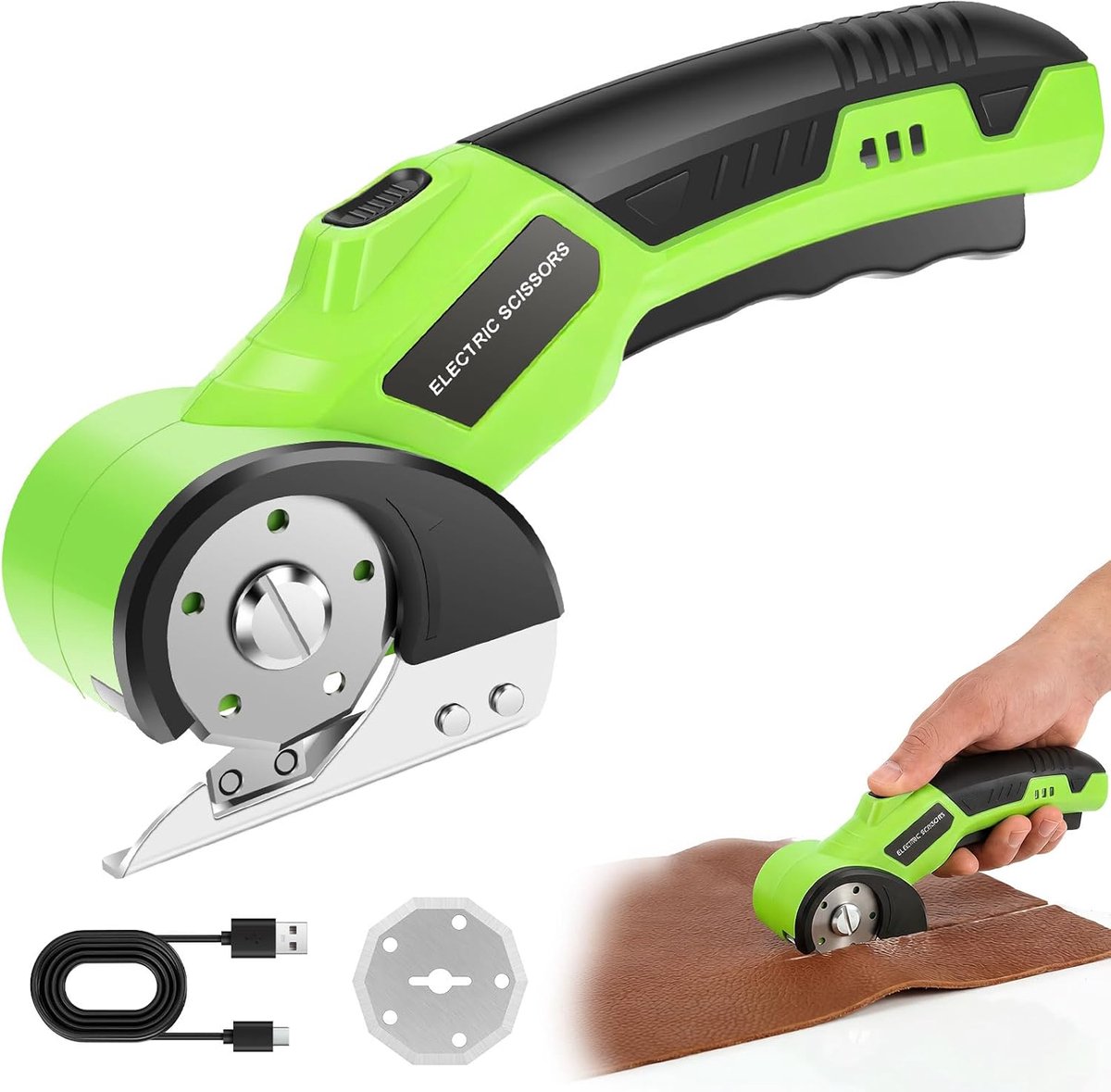 Elektrische Schaar - Oplaadbare Kartonsnijder met 360 RPM en Veiligheidsslot - Reservemes - LED-verlichting - Geschikt voor Stof, Leer en Karton - Groen