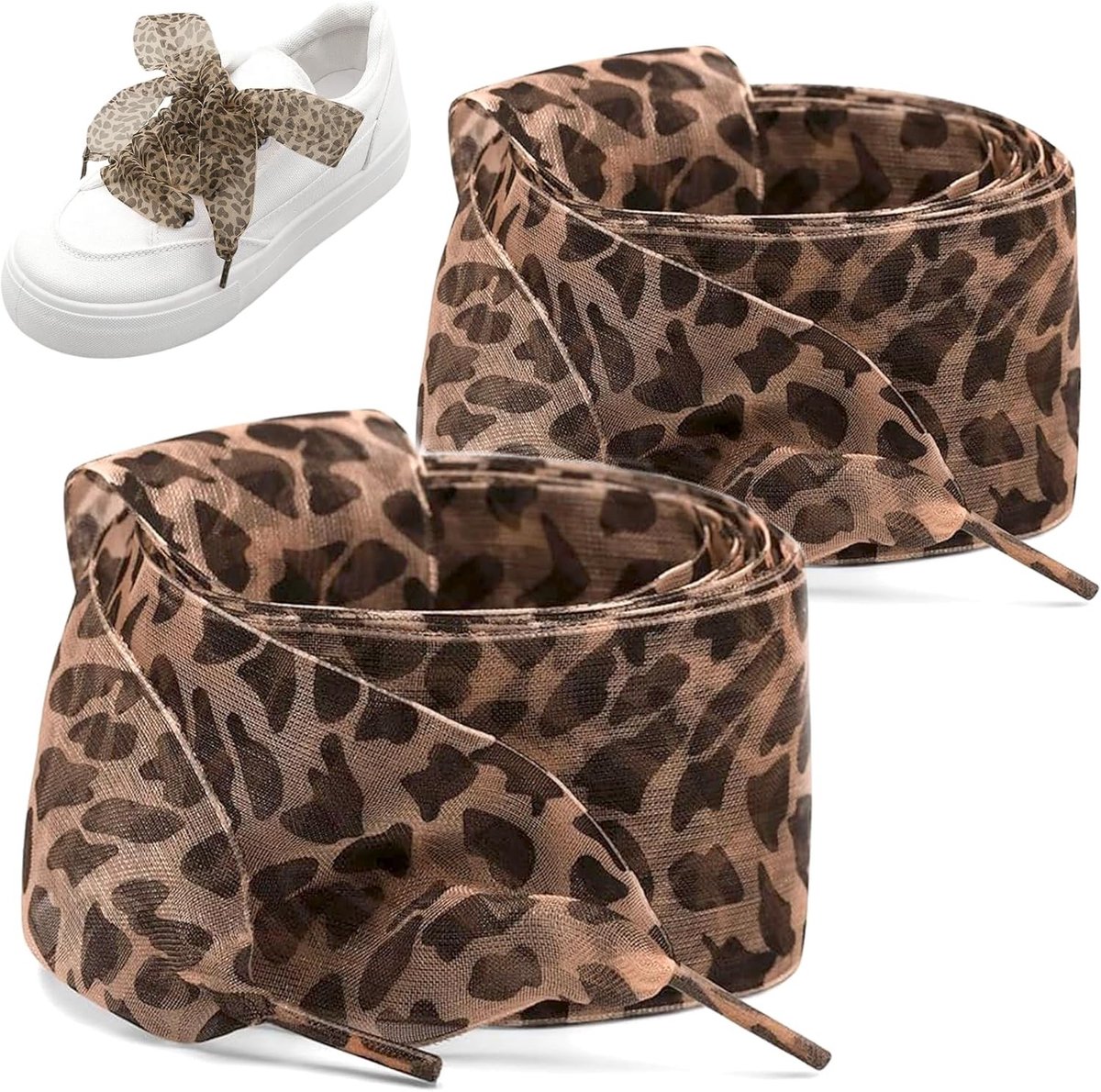 Set van 2 modieuze veters met breed luipaardpatroon, zachte satijnen band voor sport- en casualschoenen, vervangende veters van 120 cm en 140 cm