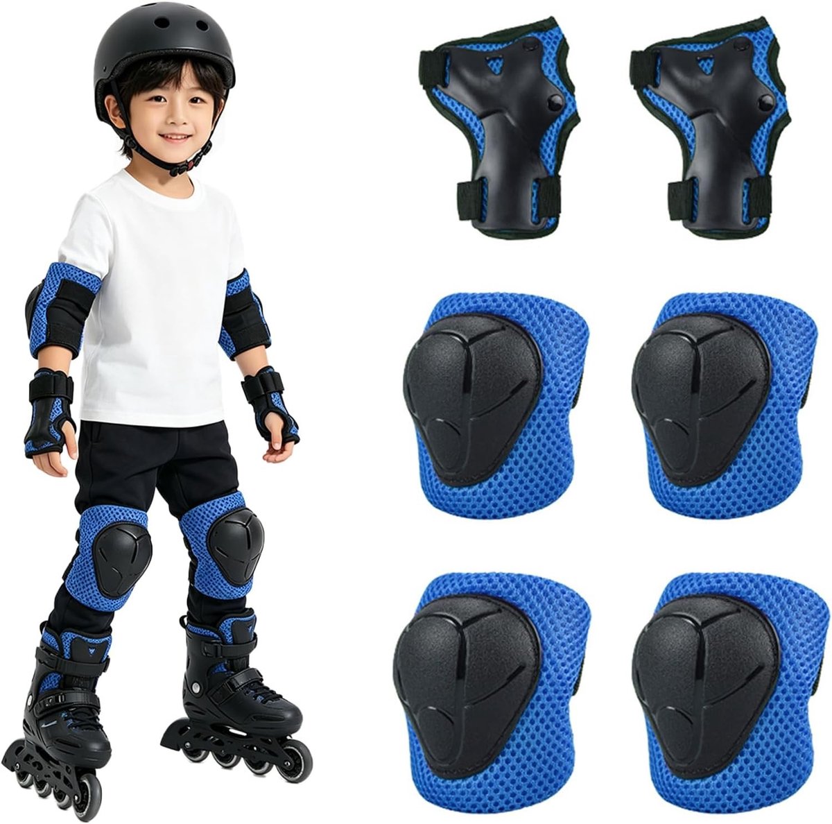 Complete Skate Beschermingsset met Knie-, Elleboog- en Polsbeschermers voor Veilig Inline Skaten en Scooteren, Verstelbare en Comfortabele Beschermers in Blauw