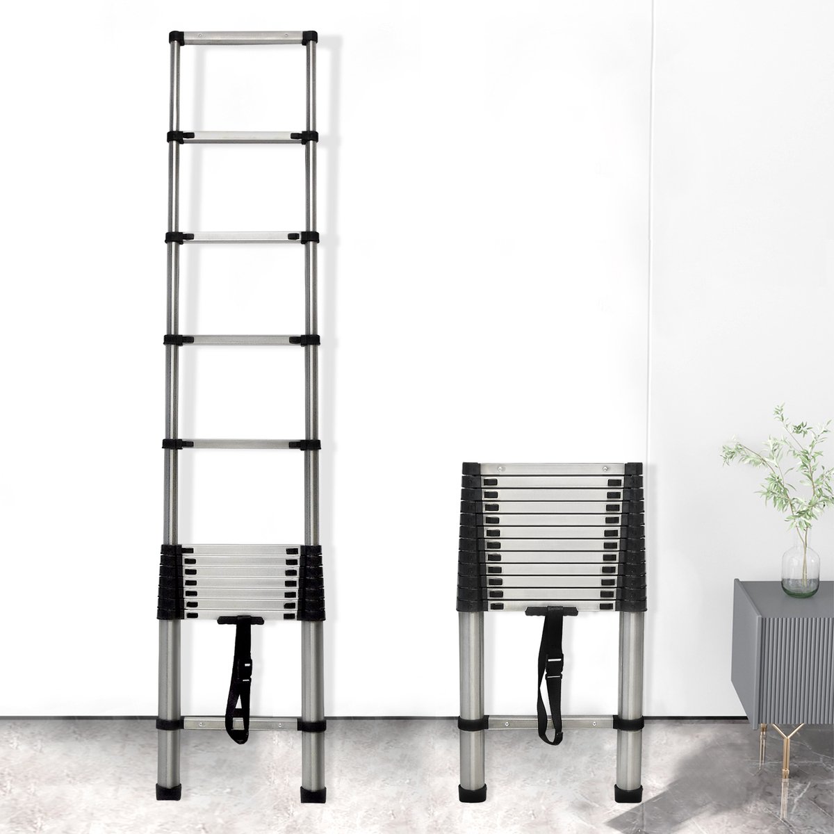 Telescoopladder Van 3,8 m, Uitschuifbare Ladder, Roestvrijstalen Ladder, Draagvermogen 150 kg