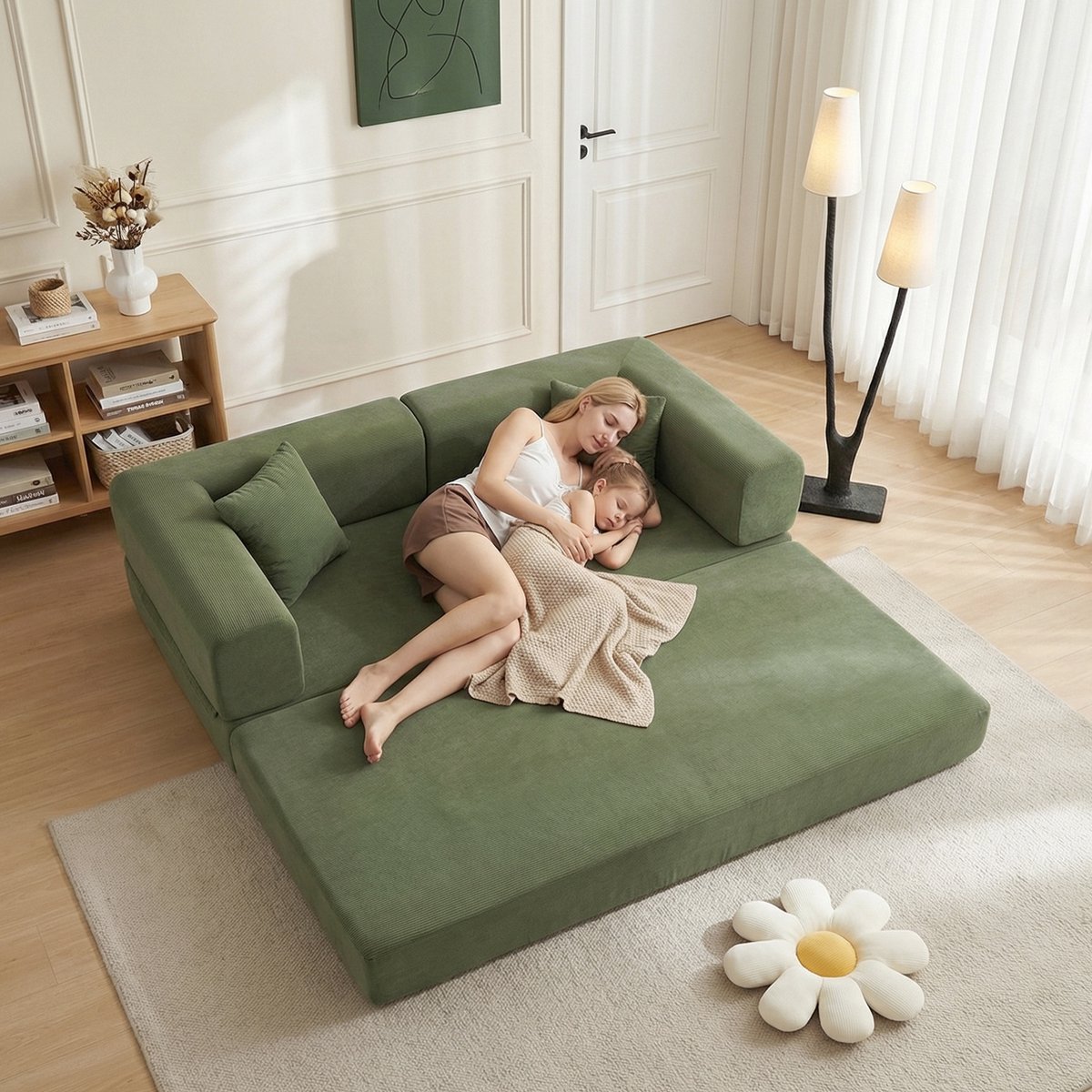 HAUSS SPOLE Slaapbank - Vloersofa Met Slaapfunctie En Verstelbare Armleuningen - 3-Zits Voor Woonkamer En Slaapkamer - Corduroy Groen
