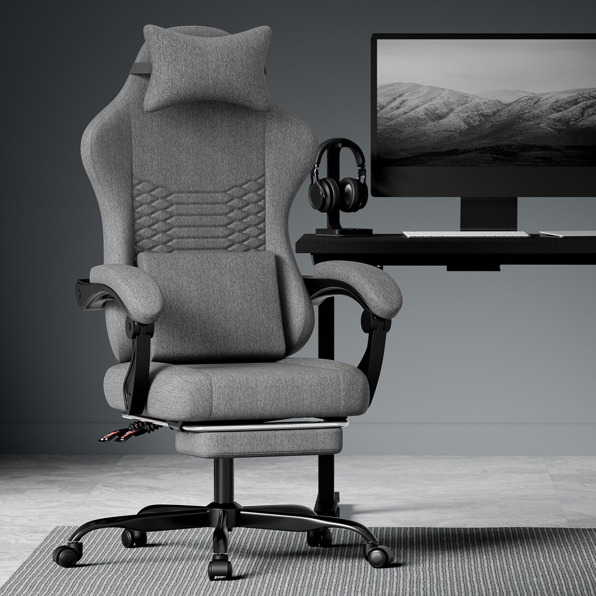 MODENUIT Gamingstoel 124 cm - Verstelbare Rugleuning & Voetsteun - Voor Kantoor en Gamen - Stof Donkergrijs