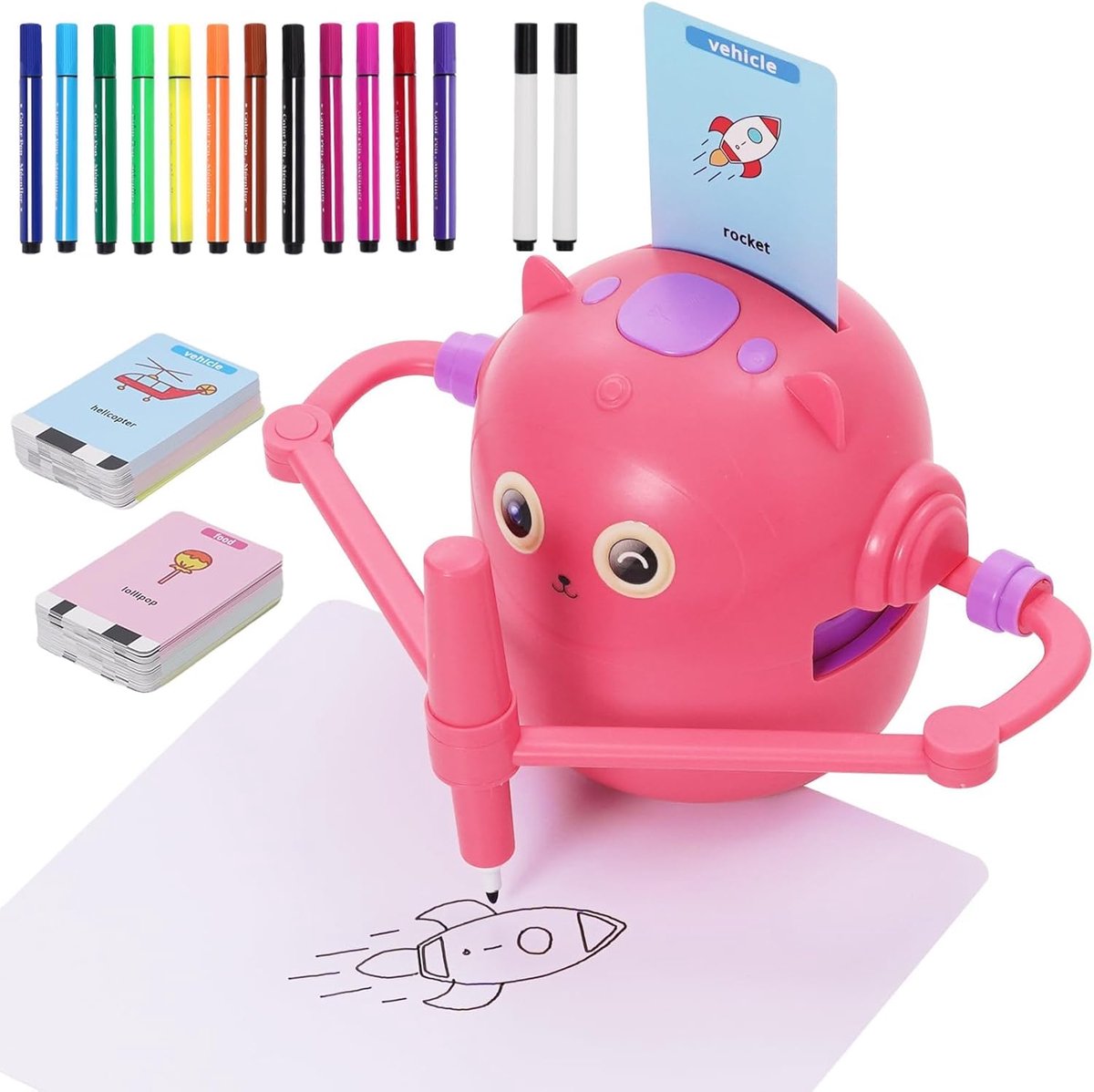 Schilderrobot voor kinderen, tekenrobot kinderen met gesproken instructies, 100 kaarten & 14 stiften, schilderrobot voor vroegschoolse educatie, interactief leerspeelgoed voor jongens meisjes 3 jaar（roze）