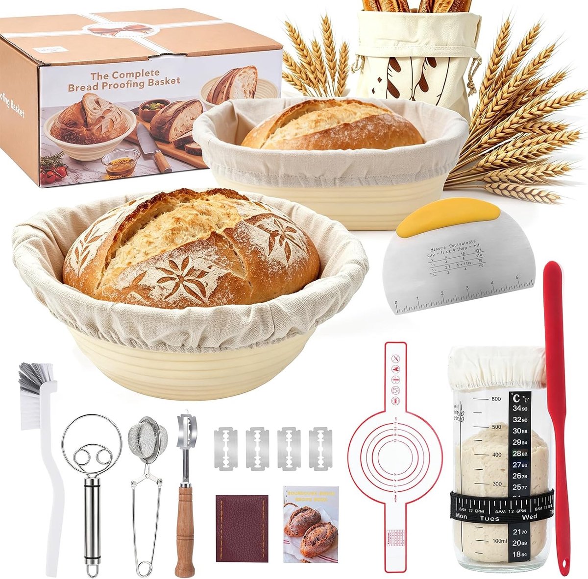 Complete 16-delige Zuurdeeg Starterset met Siliconen Gistmanden en Thermometer voor Hobbybakkers en Beginners