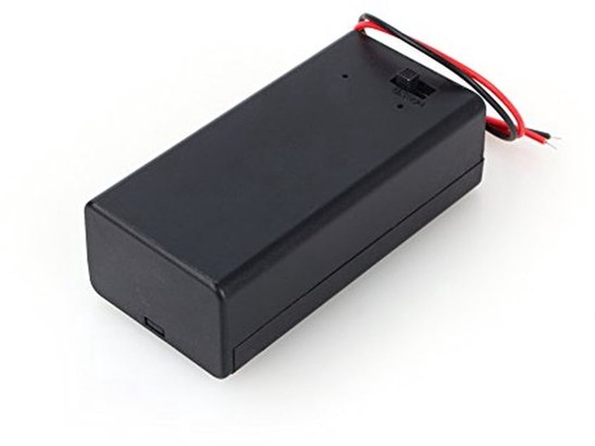 9V-batterijhouder met schakelaar, batterijhouder met aan/uit-schakelaar en kabel, batterijhouder met veerklemmen en deksel.