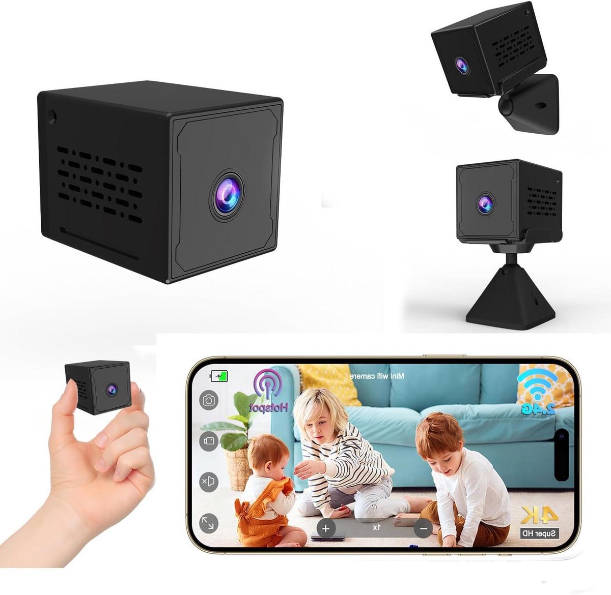 Verborgen Camera - Mini Spy Cam - Huis Beveiligen - 4K HD Resolutie - 43x34x34 mm - Zwart