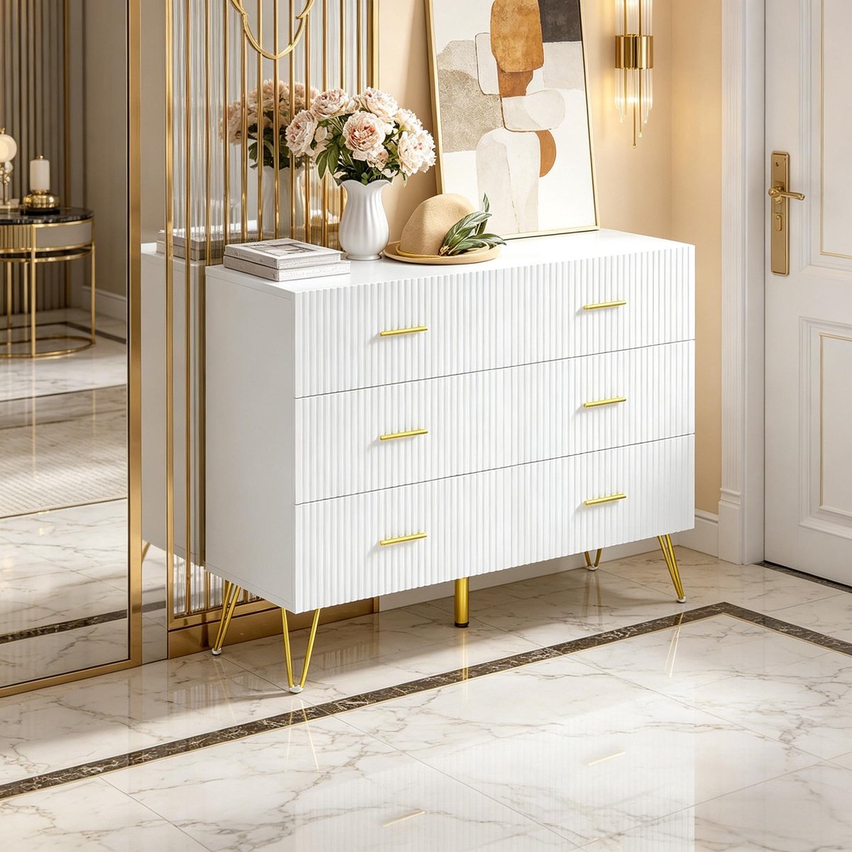 Wishdor - Dressoir - 6 lades - Opbergkast en tv-meubel - Modern design - Woonkamer en hal - Houtlook en metaal - Wit en goud - 100 x 40 x 75 cm