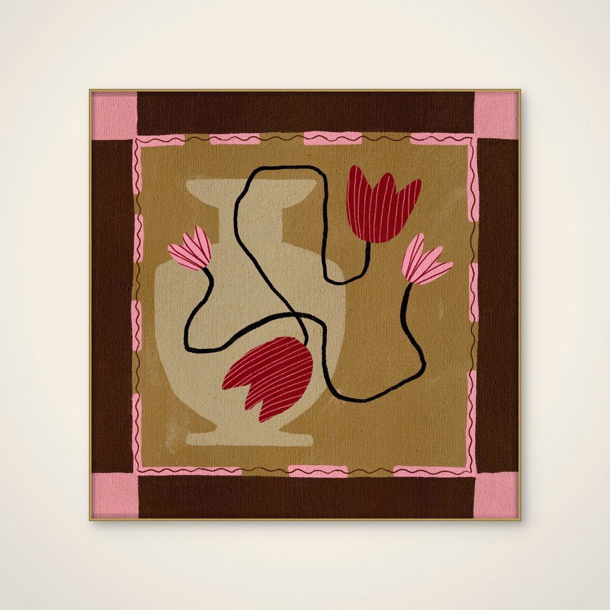 Akoestisch schilderij - 80 x 80 cm - Out of Vase Blooms 4 van Shatha Al Dafai - Abstracte wanddecoratie - goud textielframe