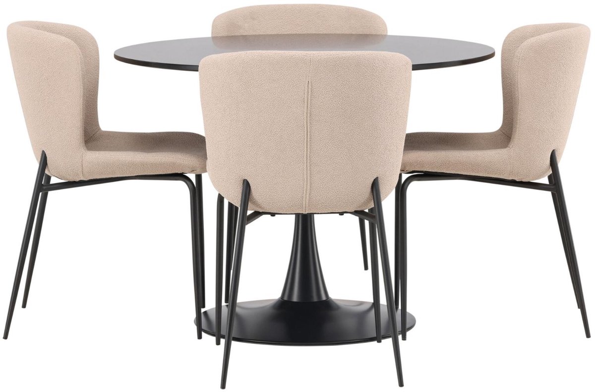 Glade eethoek eettafel zwart 4 stoelen bouclé bruin.