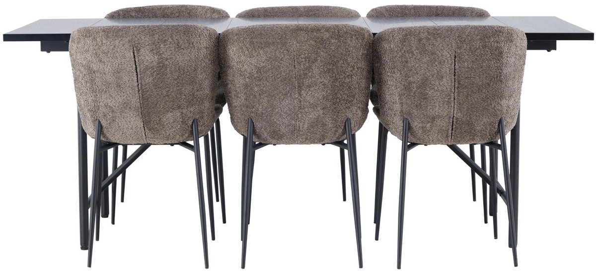 Astrid eethoek eettafel zwart 6 stoelen bouclé bruin.