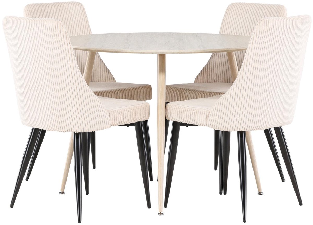Plaza eethoek eettafel whitewash 4 stoelen fluweel beige.