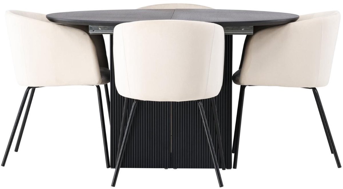 Matilda eethoek eettafel met uitschuifbare functie zwart 4 stoelen velours beige.