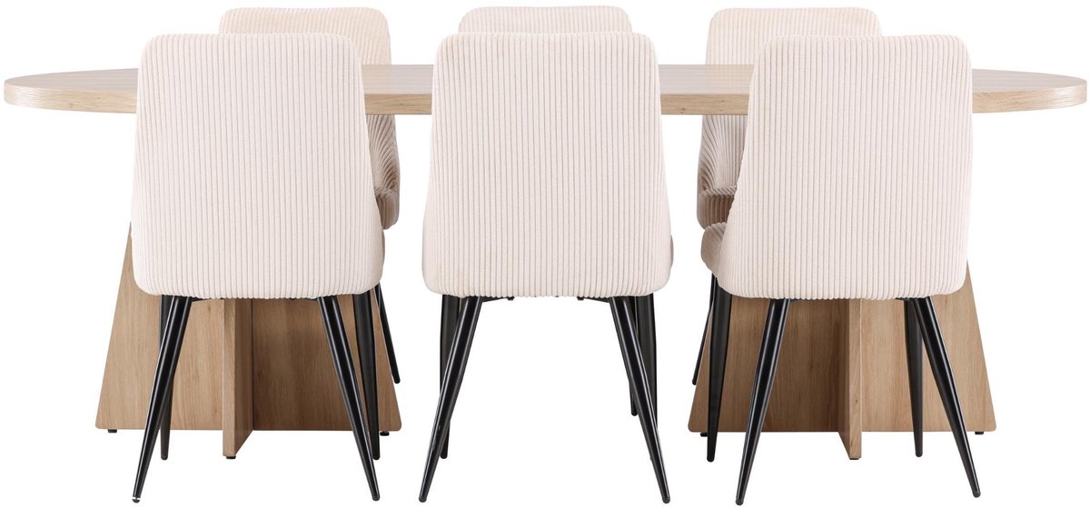 Bootcut eethoek eettafel naturel 6 stoelen fluweel beige.