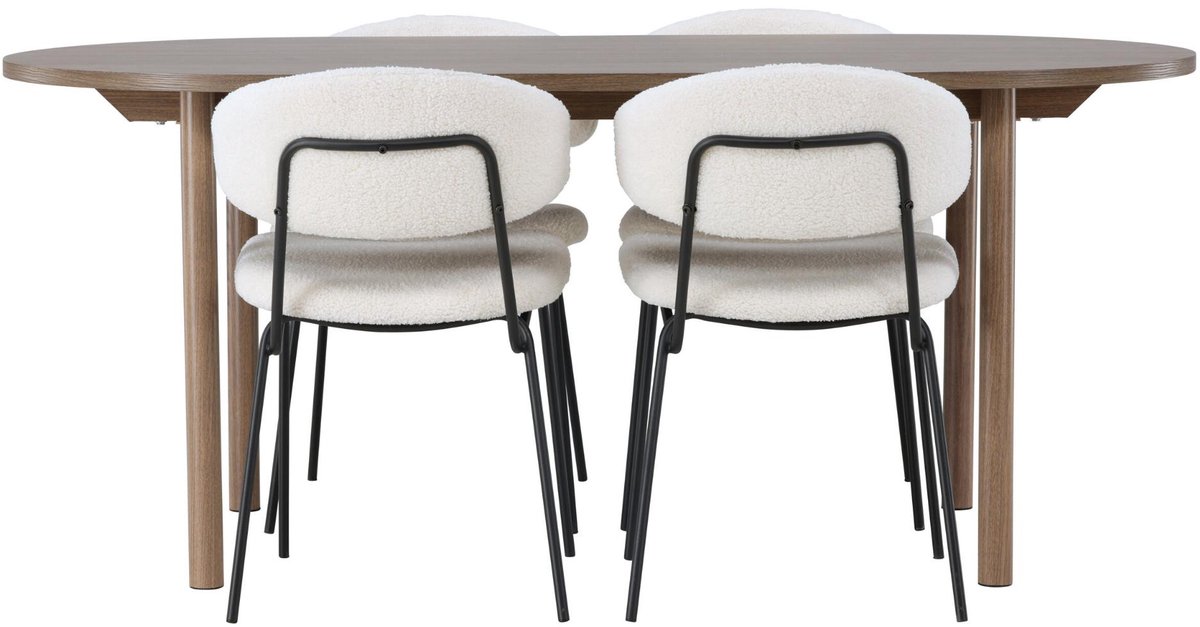Andy eethoek eettafel naturel 4 stoelen bouclé wit.