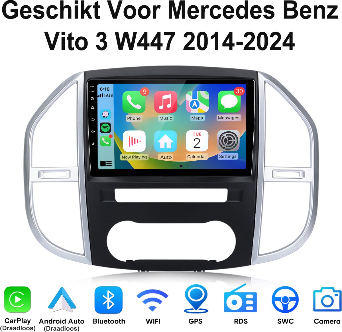 Junsun Android 15 Autoradio Geschikt Voor Mercedes Benz Vito 3 W447 2014-2024 - Draadloze CarPlay & Andriod Auto - GPS-navigatiesysteem - Bluetooth - Stuurwielbediening - WiFi - 10-inch Touchscreen - RDS - USB