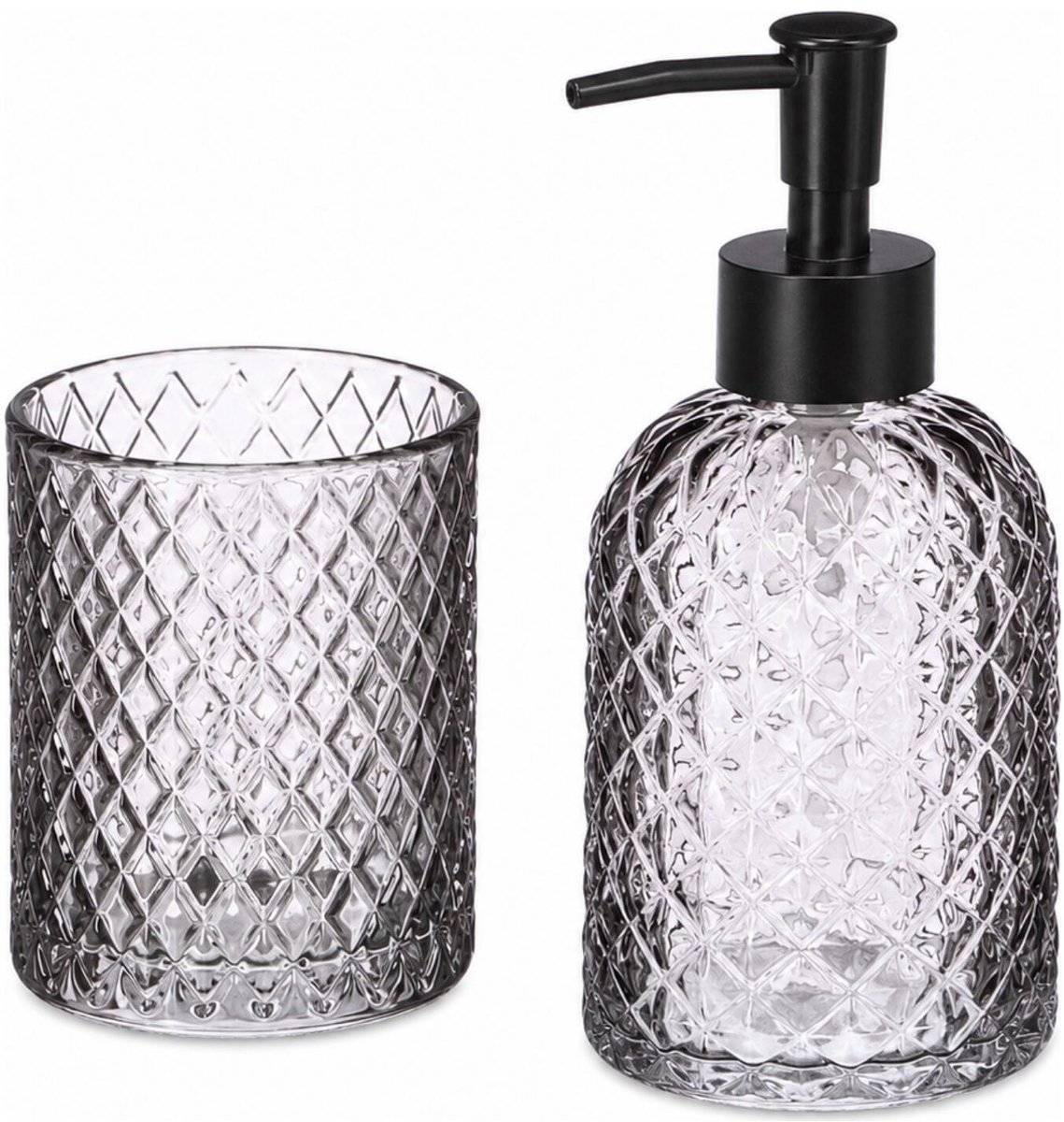 Berilo zeeppomp / zeepdispenser met beker - grijs - glas - 410 ml - badkamer set