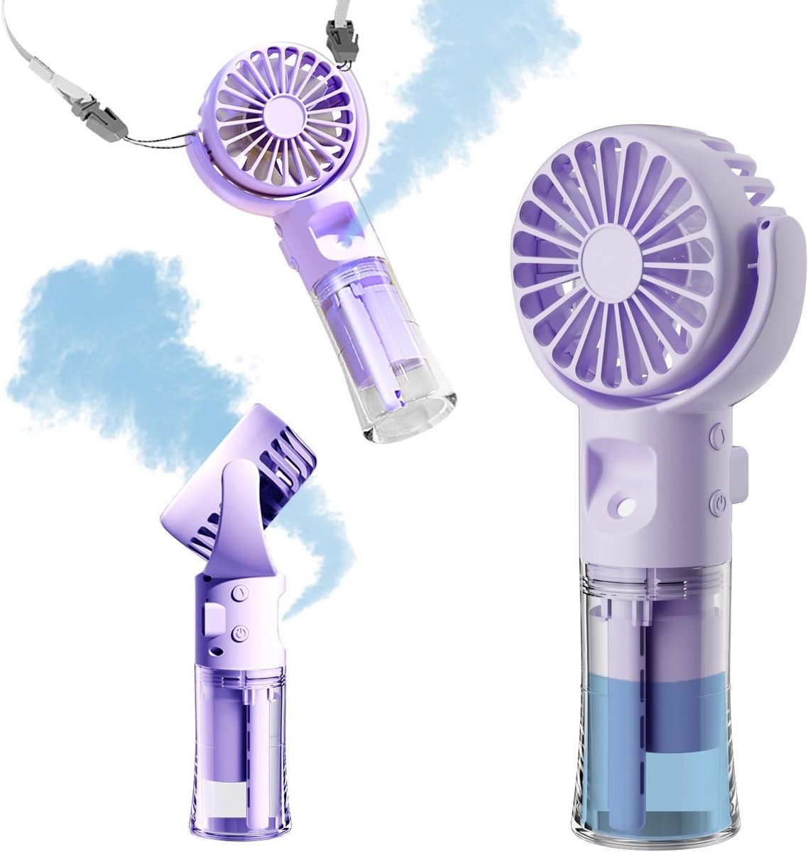 Handdouche - Ventilator - Oplaadbaar - Werkt op batterijen - Draagbaar - 4 windsnelheden - Watertank van 55 ml - 360° draaibaar - Geschikt voor reizen/kamperen/buitenactiviteiten - Paars