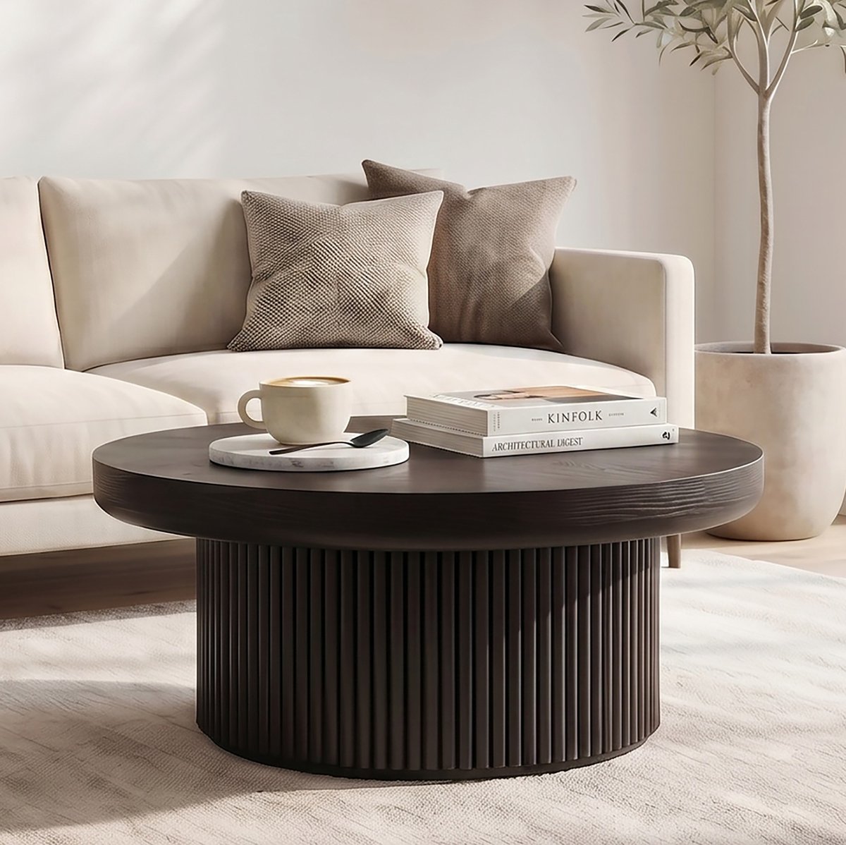 OKWISH Salontafel – Rond Design Met Cilindrische Voet – Voor Woonkamer En Kleine Ruimtes – Houtlook Zwart – 78x78x38,5 cm